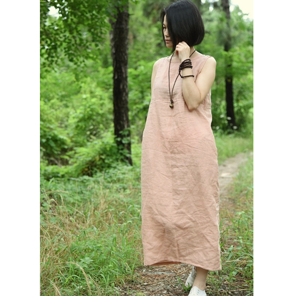 FLOWERSVERSE Su Nian Weiyang 1707/Wood Black, Ramie Simple Literary Sleeveless Pullover Bottom V-Neck Dress