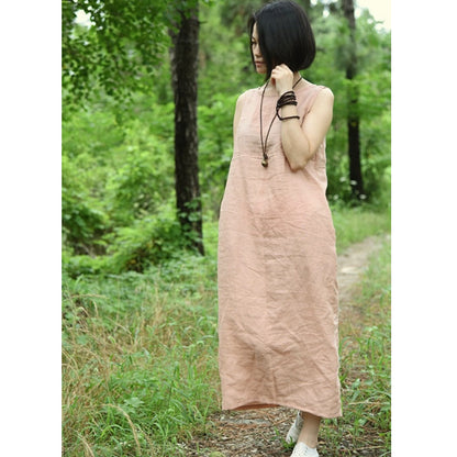 FLOWERSVERSE Su Nian Weiyang 1707/Wood Black, Ramie Simple Literary Sleeveless Pullover Bottom V-Neck Dress