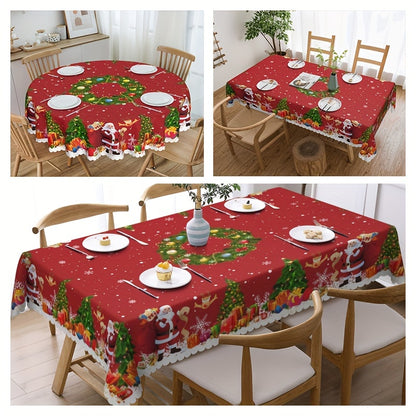 1pc Vibrant Merry Christmas Polyester Tablecloth - Pine Tree Snowflake Santa Claus Pattern, Waterproof, Stain-Resistant, Easy-to-Clean, Atmospheric Table Decor, Holiday Desktop Decoration Fabric, Home Decoration, Christmas Decor, Gift Idea for Family and