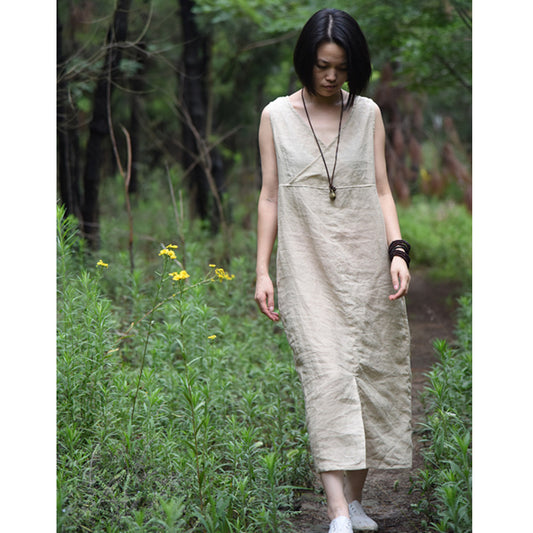 FLOWERSVERSE Su Nian Weiyang 1707/Wood Black, Ramie Simple Literary Sleeveless Pullover Bottom V-Neck Dress