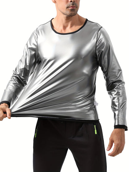 Mens Enhanced Sweat Sauna Compression Shirt - Full-Body Shaper with Firm Back Support - Flexible Mid-Range Stretch for Intense Workout, Fitness, and Gym