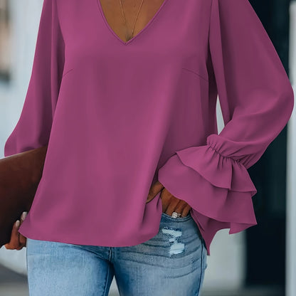 Flirty Ruffle Sleeve Plus Size Blouse - Chic V-Neck, Solid Color for Spring & Summer - Stylish Womens Plus Size Clothing