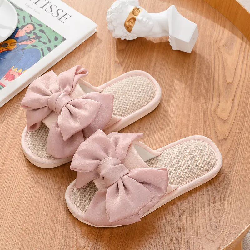 New fashion linen slippers women's silk bow cotton linen slippers women's indoor home can wear sandals outside orange