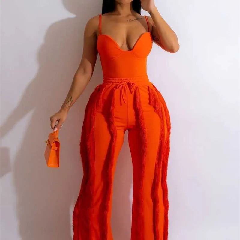 Womens Designer Tracksuit Pants Sexy Tow Piece Set  New Ladies Solid Color Sling Sleeveless Top Tassel Loosetrousers Suit