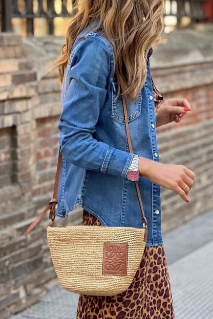 flowersverse flowersverse - The cowboy blue Street Solid Pocket Turndown Collar Long Sleeve Loose Denim Jacket