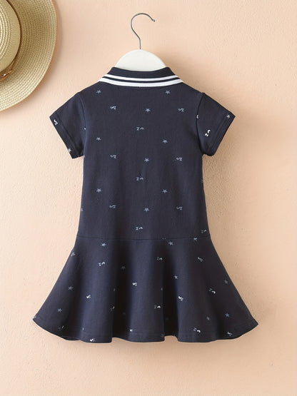 Girls' Summer Sporty Cotton Dress - Embroidered Stars, Polo Collar, Flared Ruffle Hem