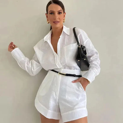 Aoaiiys White Short Sets Women Shirts Long Sleeve Linen Loose Blouse High Waist Shorts Suit Summer 2 Piece Womens Outfits 240518