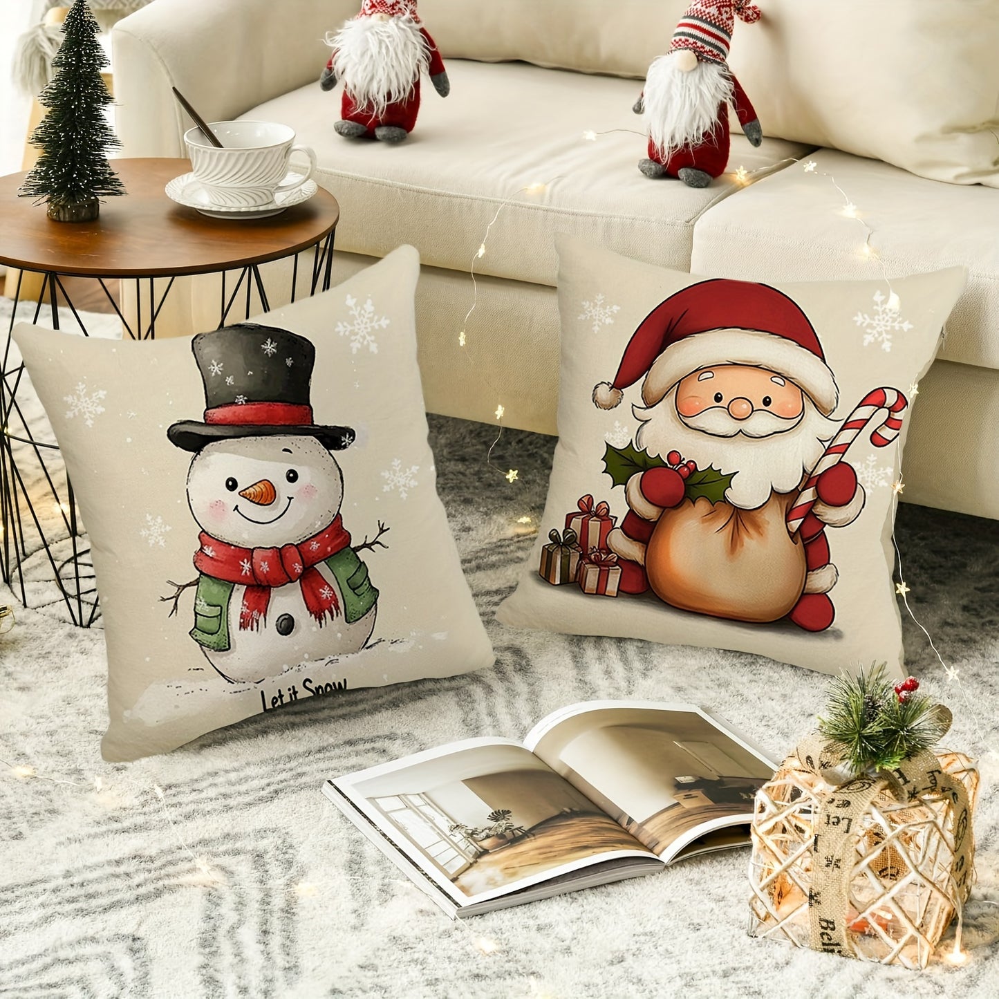 Festive 4pcs Set of Rustic Christmas Throw Pillow Covers - Santa, Reindeer, Snowman & Tree Designs | Durable Polyester, Zip Closure | Perfect for Living Room, Bedroom & Sofa Decor | Machine Washable | 17.72" Square