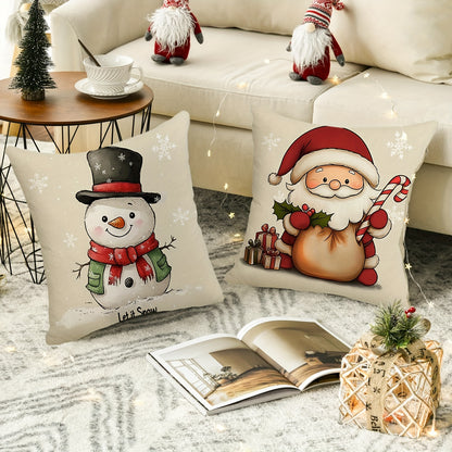 Festive 4pcs Set of Rustic Christmas Throw Pillow Covers - Santa, Reindeer, Snowman & Tree Designs | Durable Polyester, Zip Closure | Perfect for Living Room, Bedroom & Sofa Decor | Machine Washable | 17.72" Square