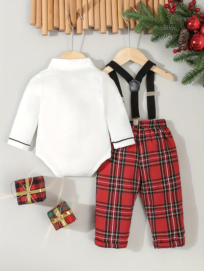 2pcs, Bodysuit With A Bow Tie And Xmas/Black And Grey Plaid Suspenders Pants For Baby Boys, Outdoor Cloth