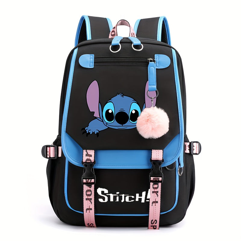 Stylish Cartoon Stitch Backpack - Durable Nylon Material, Zipper Closure, Polyester Lining, Preppy Style, Lightweight Design for School, Travel, and Daily Use - UME Brand