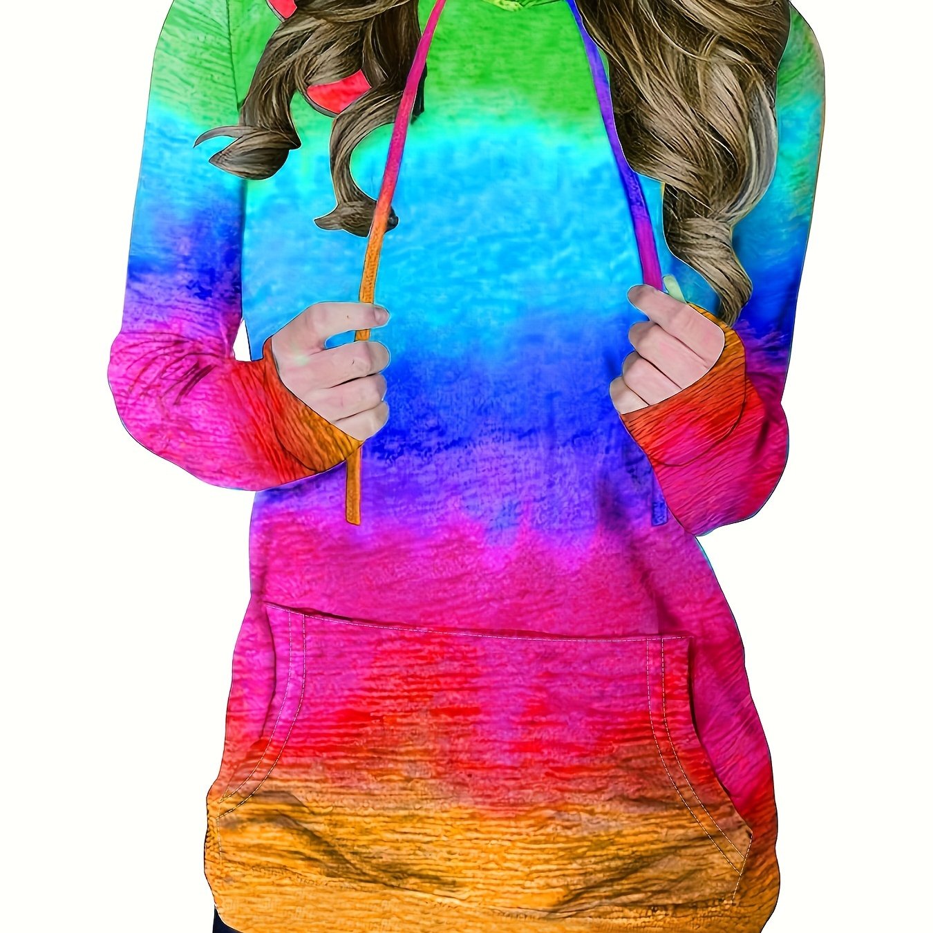 Ombre Kangaroo Pocket Hoodie, Casual Long Sleeve Drawstring Hoodies Sweatshirt, Women's Clothing