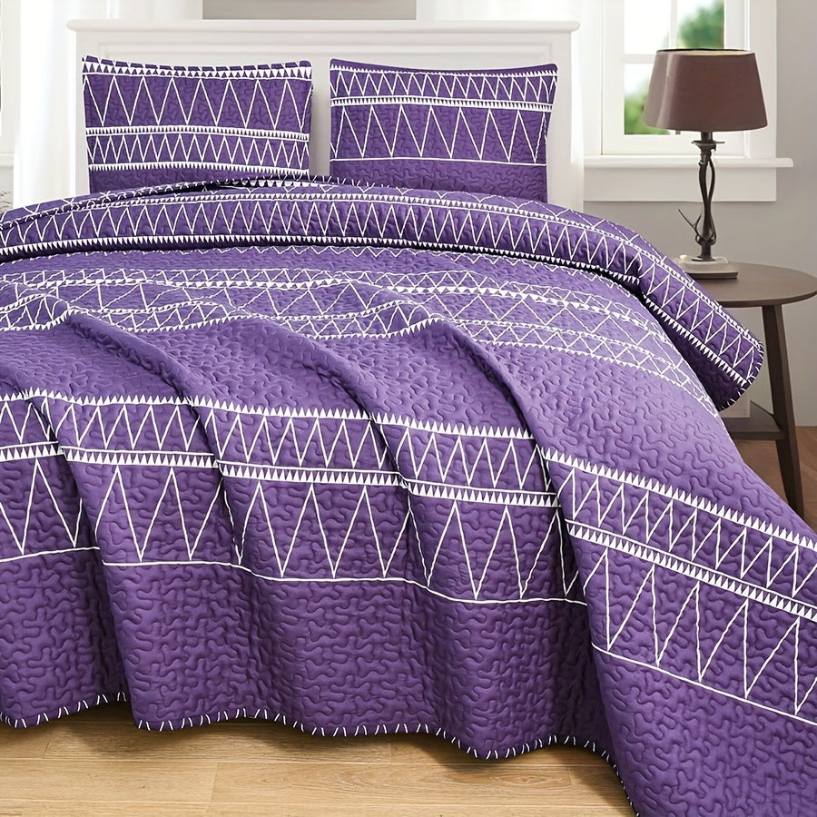 3pc Luxurious Bohemian Quilted Bedspread Set - Soft, Hypoallergenic & Durable, Black & White Geometric Stripes - Cozy Coverlet for Bedrooms & Dorms, Includes 1 Bedspread & 2 Pillowcases