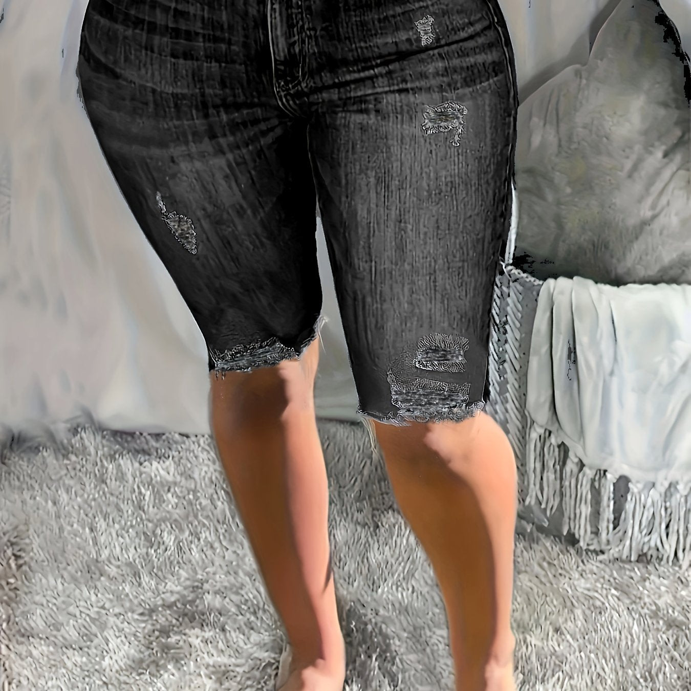 Distressed Bermuda Denim Shorts - Womens Slim-Fit with Frayed Hem and Ripped Detailing - Versatile Casual Wear