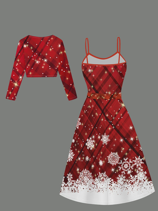 Elegant Christmas Women'S Dress Suit - Knitted Fabric Polyester Blend with Spandex, Long Sleeve Cardigan & Spaghetti Strap Dress with Snowflake Print and Belt Detail, All-Season Festive Collection