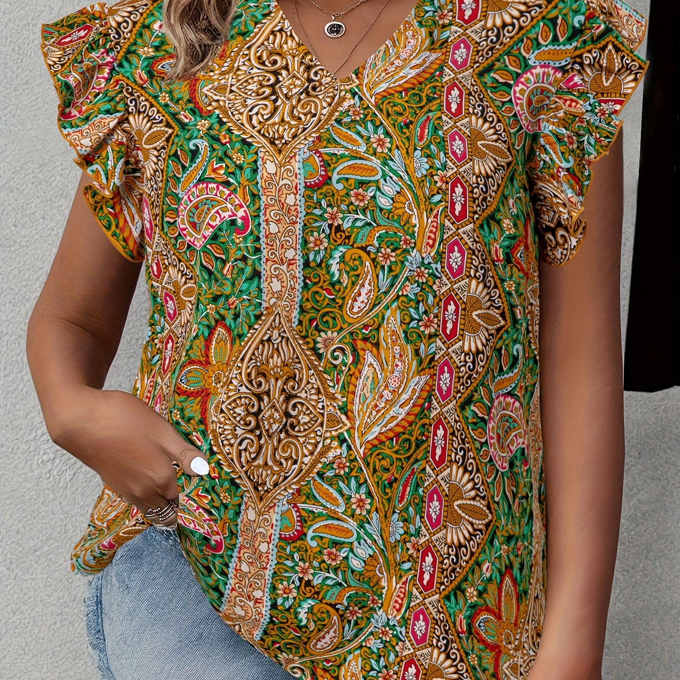 Plus Size Floral Blouse - Elegant V-Neckline, Ruffled Bell Sleeves, Relaxed Casual Fit - Perfect for Warm Weather, Designed for Plus Size Womens Summer Clothing