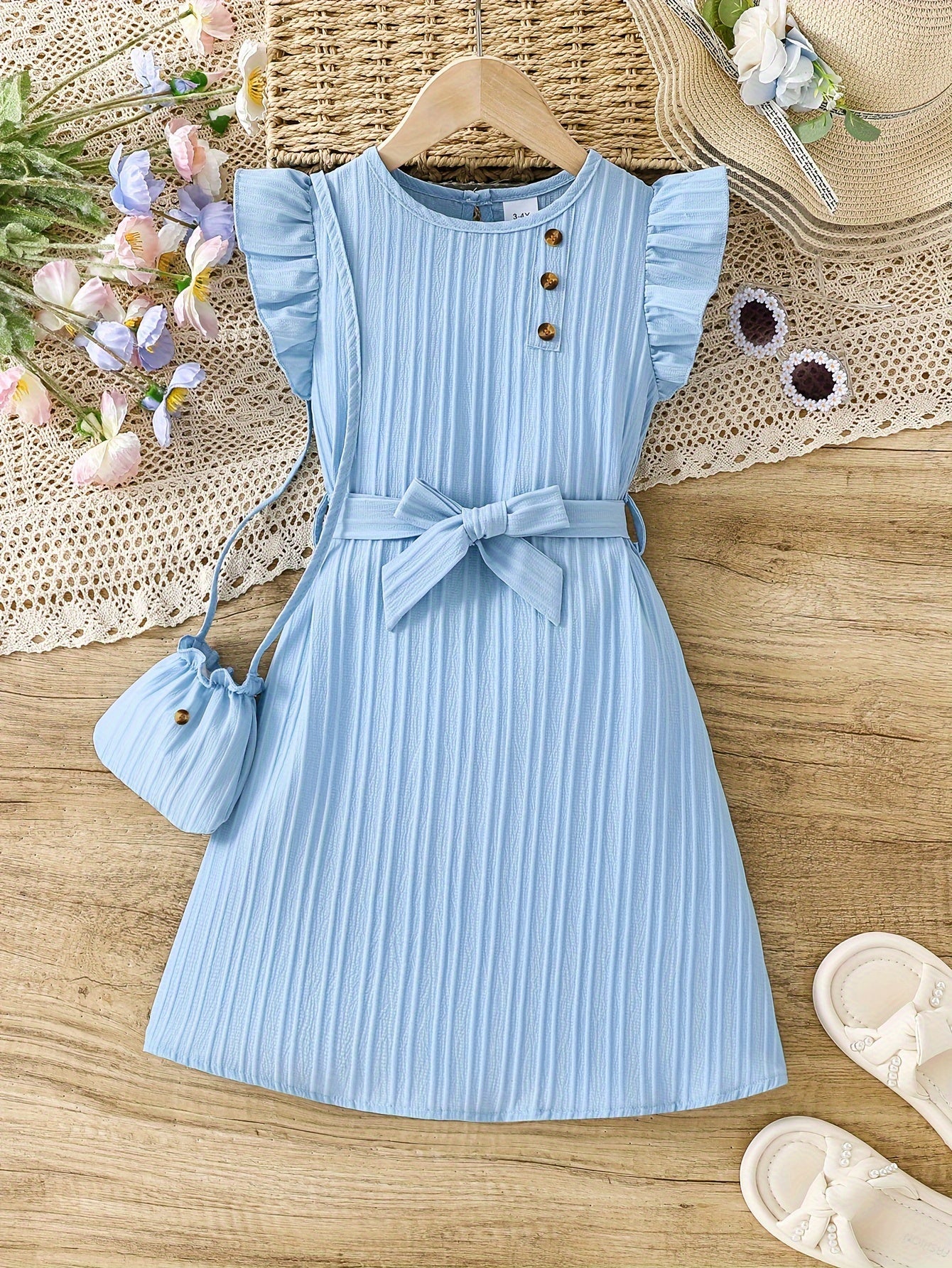 Girls Frill Sleeve Dress Set - Delicate Design, Includes Matching Bag, Perfect for Vacation & Summer Casual Wear, Great Gift Idea for Little Girls