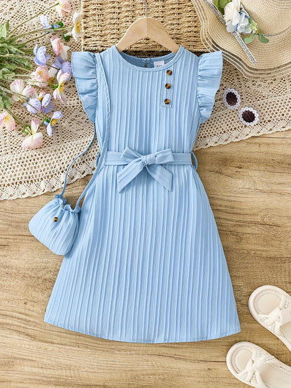 Girls Frill Sleeve Dress Set - Delicate Design, Includes Matching Bag, Perfect for Vacation & Summer Casual Wear, Great Gift Idea for Little Girls