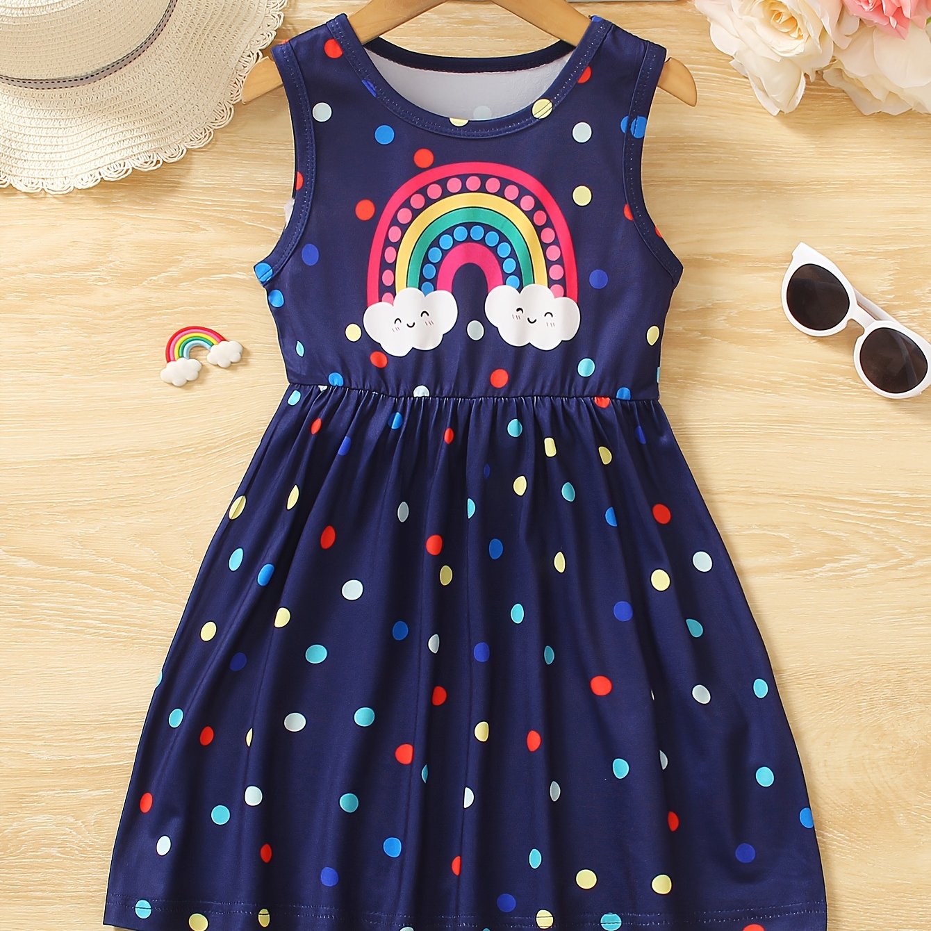 Girls Rainbow Charm - Vibrant Polka Dot Print Sleeveless Crew Neck Dress - Perfect Summer Fashion Gift for Little Princesses