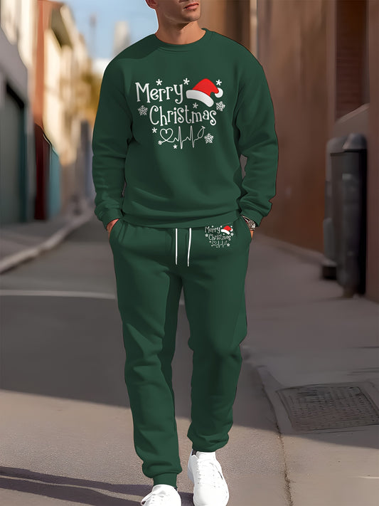 Men's Festive Christmas Outfit Set - Casual Long Sleeve Crew Neck Sweatshirt & Joggers with Santa Print, Machine Washable