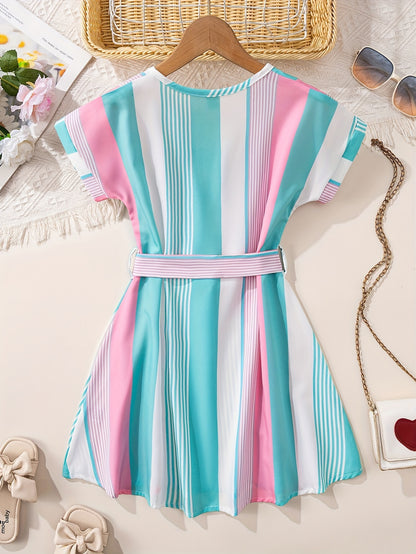 Girls Vibrant Color Block Striped Short Sleeve Loose Fit Notched Dress with Adjustable Belt for Summer - Soft Slight Stretch Polyester Fabric, Casual Style, Woven Construction