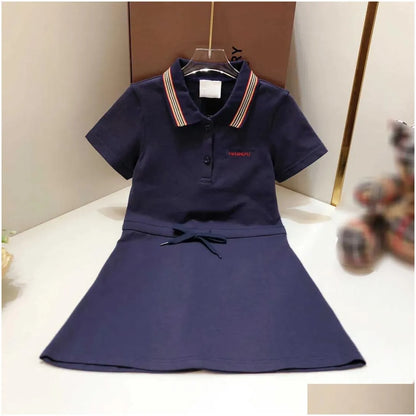 Girls Dresses 23Ss Princess Dress Short-Sleeved Kids Designer Clothes Lapel Lattice Splicing Belt Shirtdress Big Shirt Skirts Drop Del Dhnu8