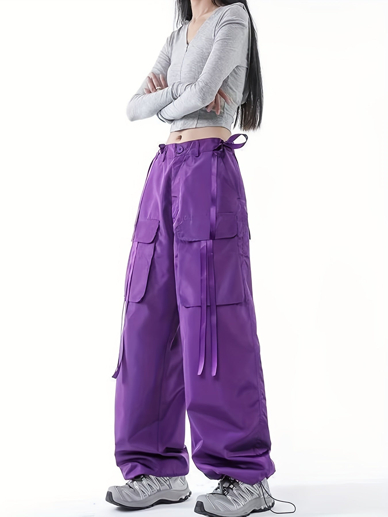 High Waist Casual Sports Trouser, Loose Fit Flap Pockets Solid Color Cargo Pants, Women's Activewear