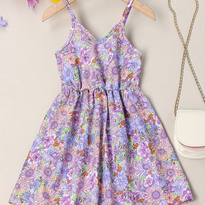 Girls' Summer Floral Sundress - Easy-Care, Durable Fabric with Casual V-Neck & Elastic Waist