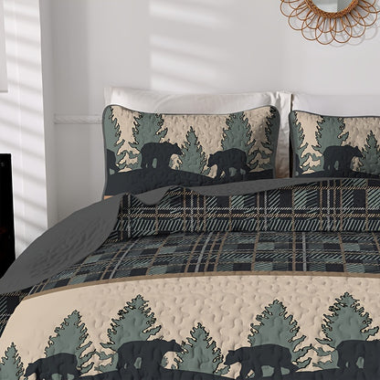 Plaid Wood Bear Walking Print Bedding Quilt Set: Soft and Lightweight, Suitable for All Seasons, 3-Piece Set (1 Bed Cover + 2 Pillowcases, No Filling)