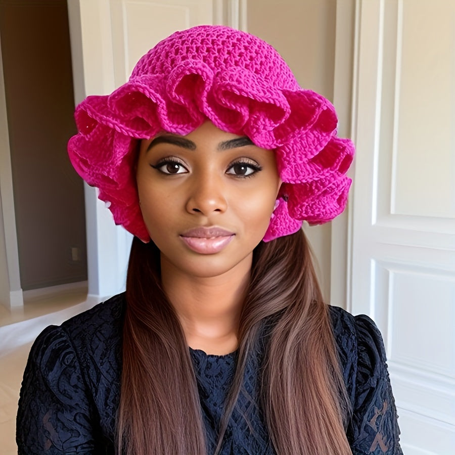 Chic Multicolor Crochet Ruffle Bucket Hat for Women & Men - Warm Knit Fisherman Cap with Elastic Fit, Lightweight & Stylish