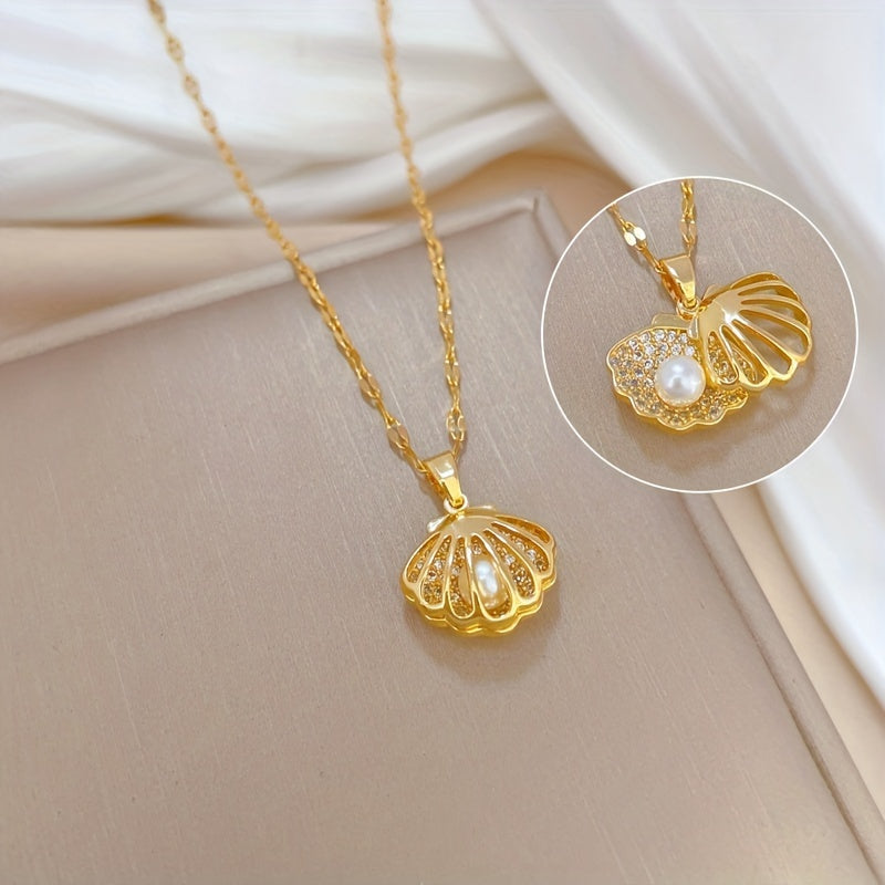 Vintage Style Stainless Steel Necklace With Folding Shell Pendant And Imitation Pearl For Women Summer Vacation Necklace