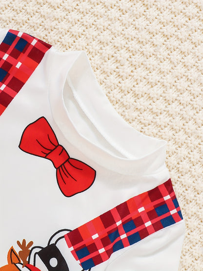 2pcs Baby's Cartoon Christmas Santa Elk Print Long Sleeve T-shirt & Casual Plaid Pattern Pants, Toddler & Infant Boy's Clothing Set, Outdoor Cloth