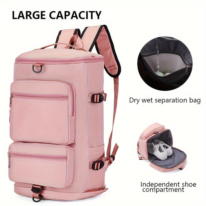 Large Capacity Travel Backpack - Adjustable Strap, Water-Resistant, Dry Wet Separation, Polyester Lining, Nylon Material, Solid Color, Ideal for Holiday, Camping, Climbing, Hiking, and Gym Sports