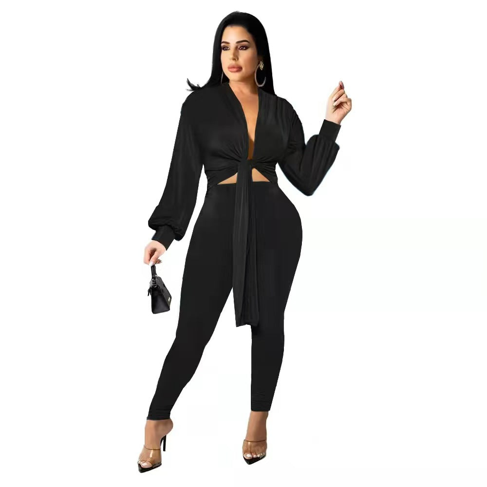 New Arrival Fashion Design two pieces  Sexy Women Set Solid O-neck Long Top  And  Long Pants  Summer  Outfits