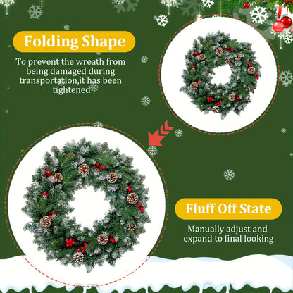 24" Green Pre-Lit Christmas Wreath with Red Berries, Pine Cones for Front Door, Window, Fireplace, Indoor Decor