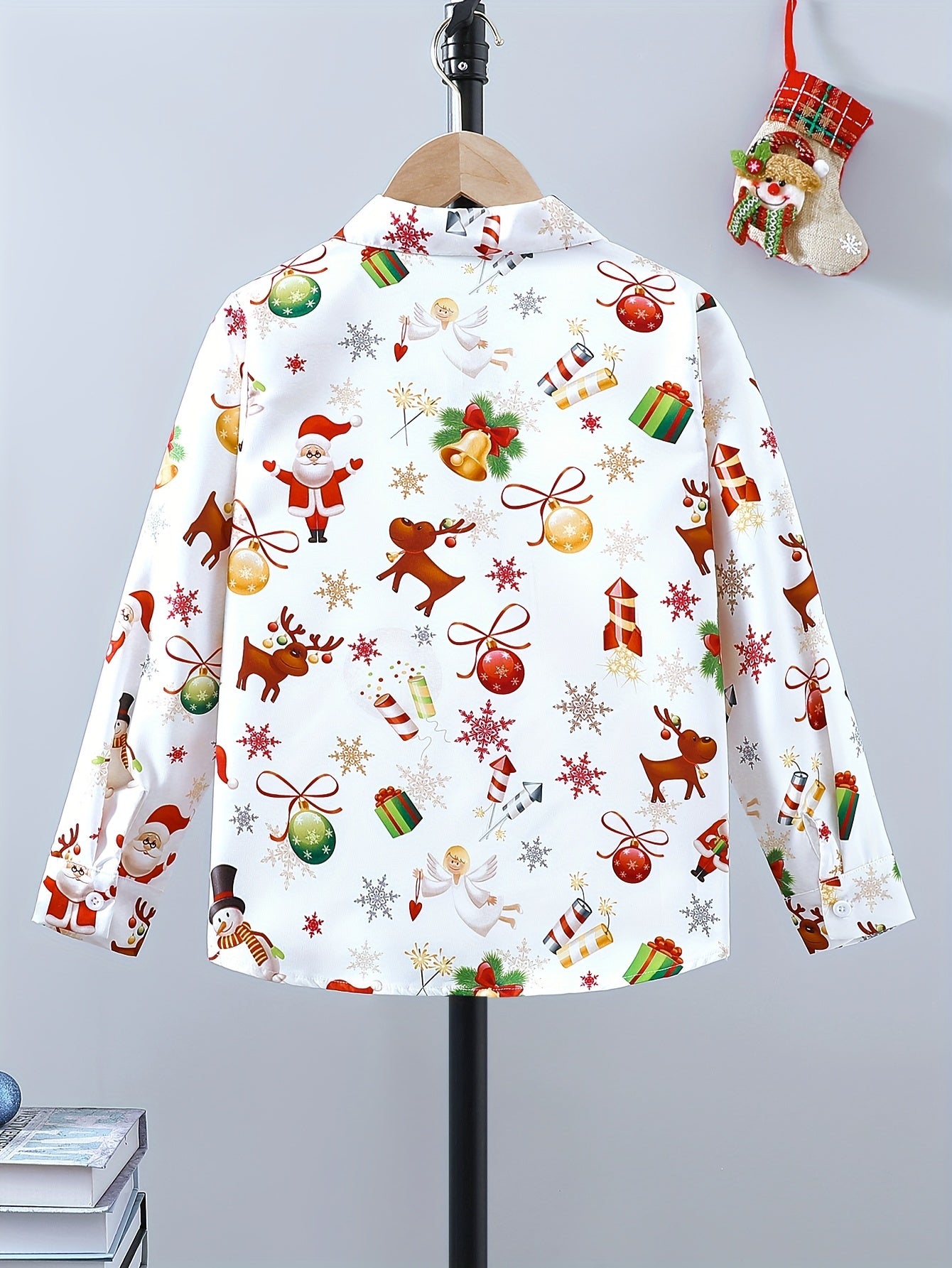 Christmas Fun Boys' Long Sleeve Button-Down Shirts - Merry Santa Claus and Deer Allover Print Tops for Spring and Fall Outwear - Comfortable Casual Wear for Holiday Season