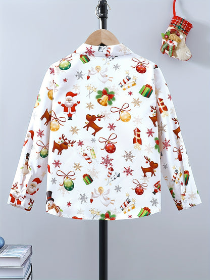 Christmas Fun Boys' Long Sleeve Button-Down Shirts - Merry Santa Claus and Deer Allover Print Tops for Spring and Fall Outwear - Comfortable Casual Wear for Holiday Season