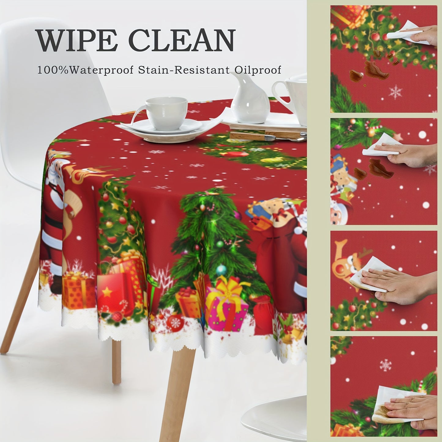 1pc Vibrant Merry Christmas Polyester Tablecloth - Pine Tree Snowflake Santa Claus Pattern, Waterproof, Stain-Resistant, Easy-to-Clean, Atmospheric Table Decor, Holiday Desktop Decoration Fabric, Home Decoration, Christmas Decor, Gift Idea for Family and