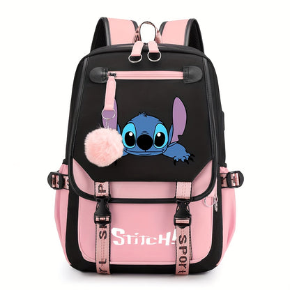 Stylish Cartoon Stitch Backpack - Durable Nylon Material, Zipper Closure, Polyester Lining, Preppy Style, Lightweight Design for School, Travel, and Daily Use - UME Brand