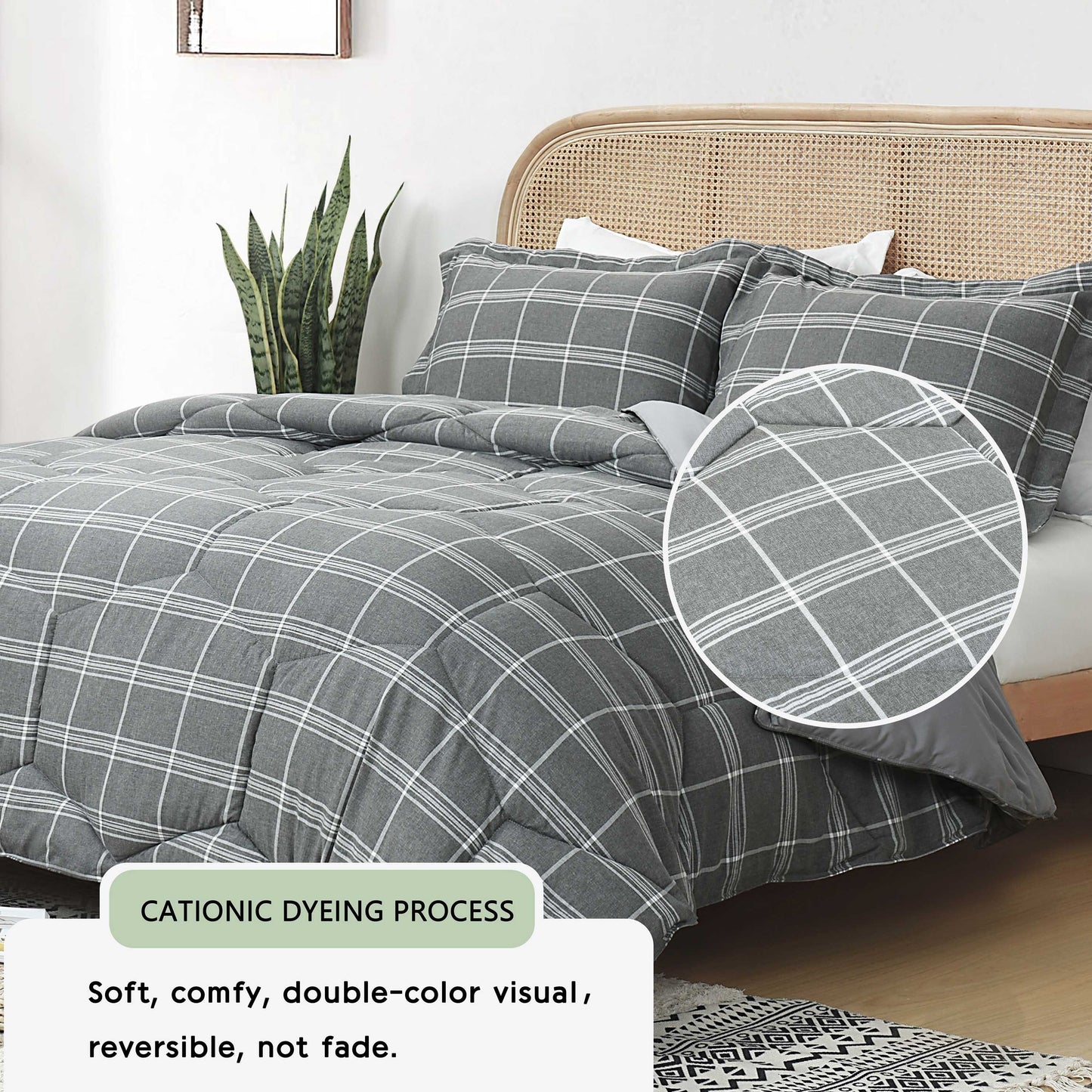 3 Pieces Reversible Quilted Comforter Set, Cationic Dyeing Comforter with Contemporary Plaid Pattern, Preppy Bedding Sets-Include 1 Comforter, 2 Pillow Shams for Bedroom