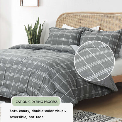 3 Pieces Reversible Quilted Comforter Set, Cationic Dyeing Comforter with Contemporary Plaid Pattern, Preppy Bedding Sets-Include 1 Comforter, 2 Pillow Shams for Bedroom