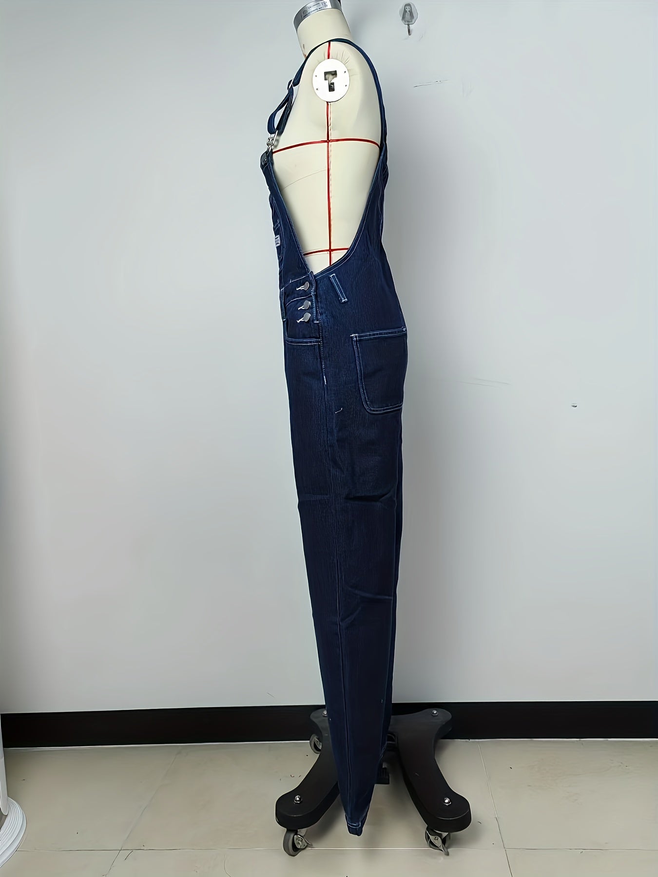 Plain Loose Fit Streetwear Adjustable Strap Contrast Seam Stitching Denim Overalls Dungarees, Women's Denim Jeans & Clothing