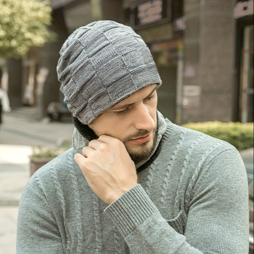 1 Set Solid Color Breathable Warm Hats With Neck Scarf, Winter Thickened Knitted Brimless Hats With Ear Protection Design