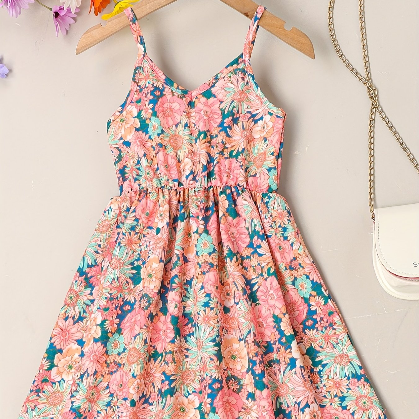 Girls' Summer Floral Sundress - Easy-Care, Durable Fabric with Casual V-Neck & Elastic Waist