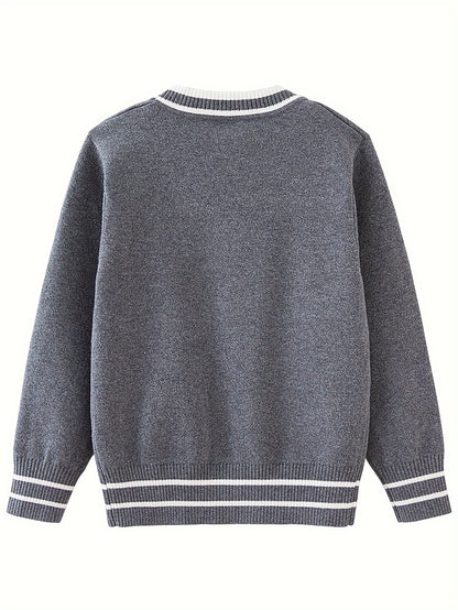 Boys Casual Preppy Style Uniform Knit Cardigan Sweater, Long Sleeve Tops, Boys Clothing Outdoor