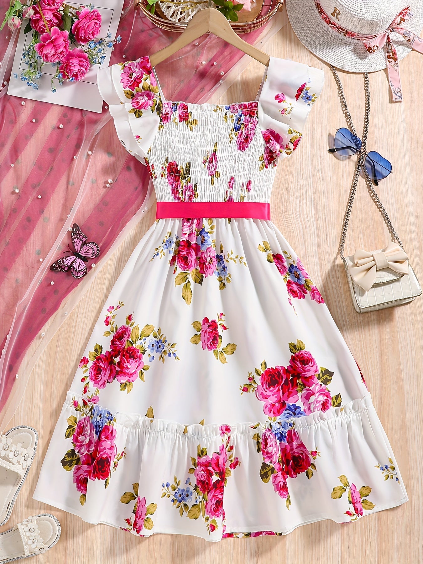 Summer Blossom: Elegant Floral Fit & Flare Dress for Girls - Sleeveless with Applique, Ruffle Trim, Durable & Easy-Care