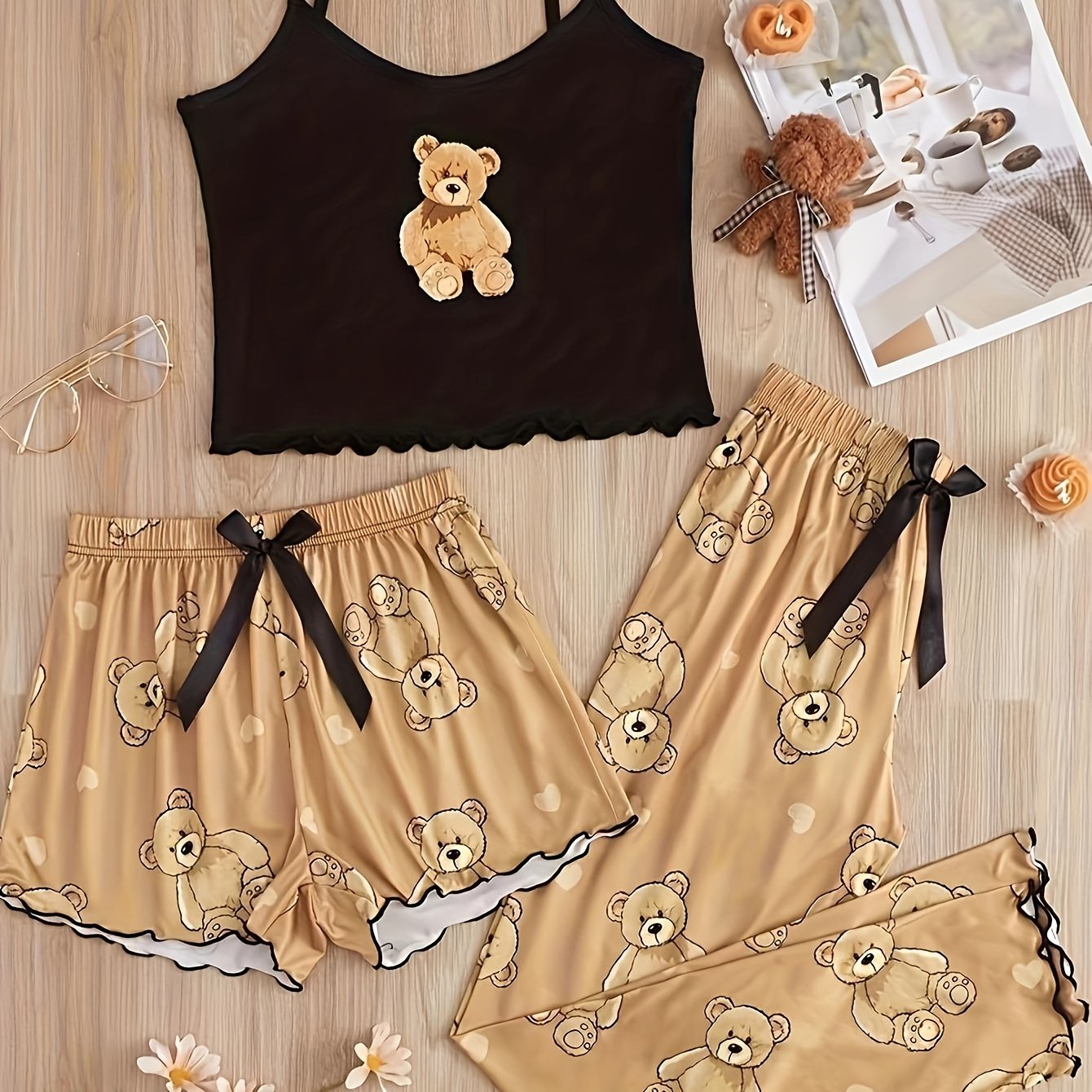 Cute Bear Print Lettuce Trim Pajama Set, Round Neck Crop Cami Top & Shorts & Pants, Women's Sleepwear & Loungewear