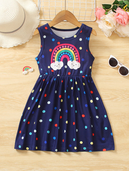 Girls Rainbow Charm - Vibrant Polka Dot Print Sleeveless Crew Neck Dress - Perfect Summer Fashion Gift for Little Princesses