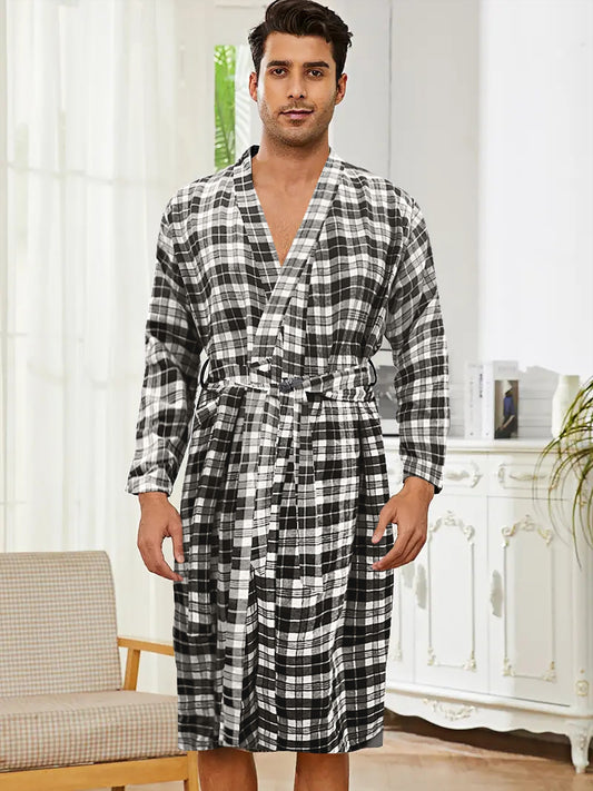 Cozy Plush Flannel Robe for Men - Soft Long Sleeve Loungewear with Pockets, Comfortable Casual Couple Style, Perfect for Relaxation and Leisure Activities at Home
