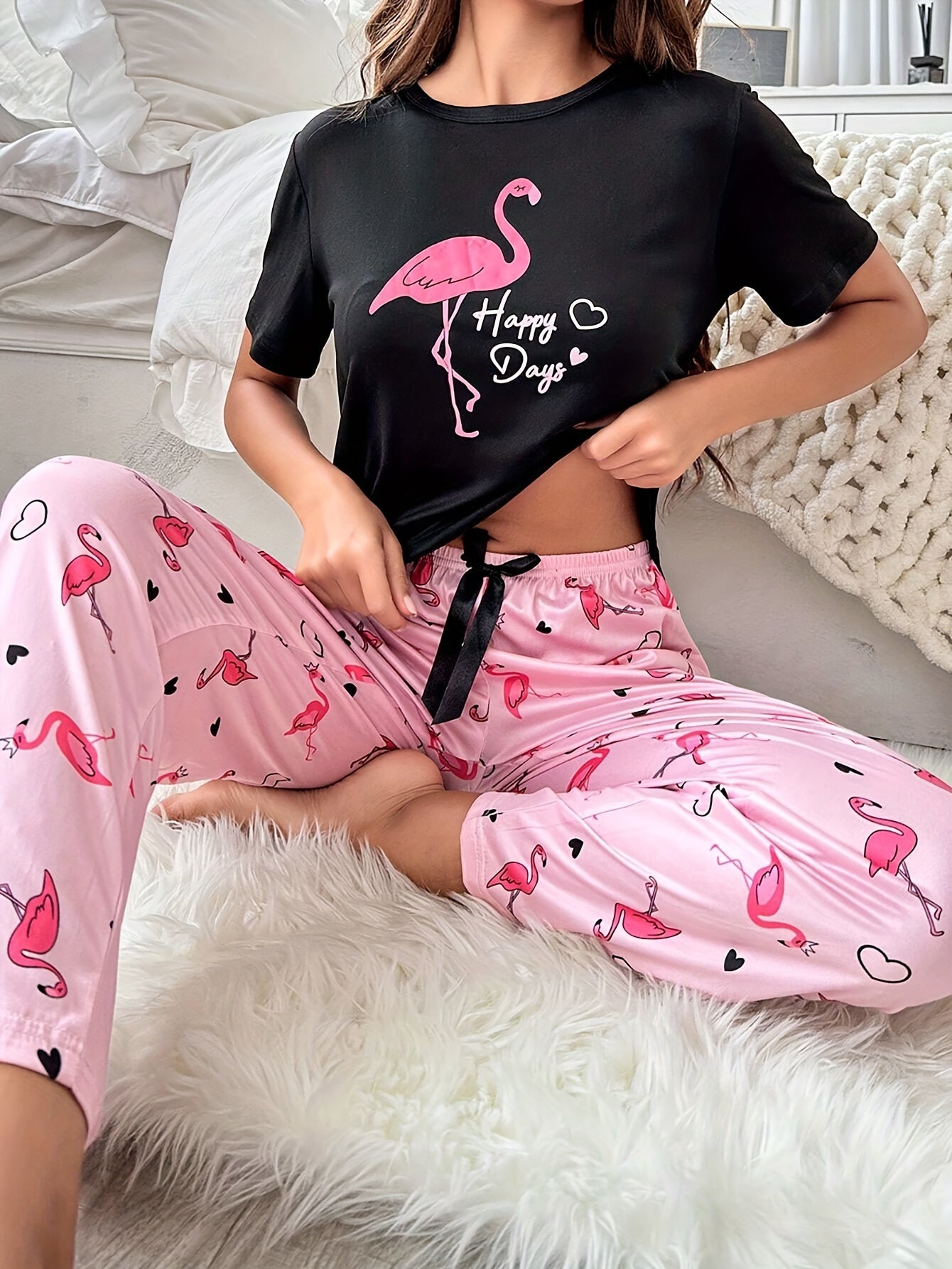 Womens Flamingo Print Relaxed Fit Pajama Set - Soft Polyester Short Sleeve Crew Neck Top & Pants with Bow Details - Comfortable, Cute, and Cozy for All Seasons